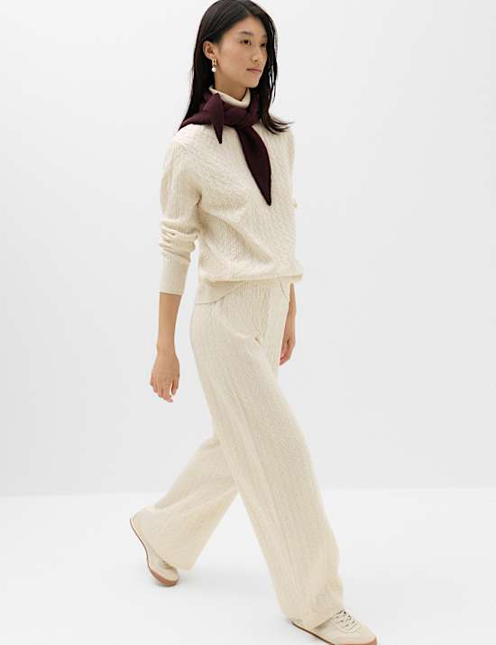 Cable Knit High Waisted Wide Leg Knitted Trousers