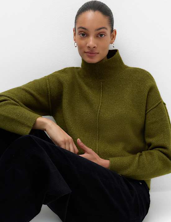 Funnel Neck Seam Detail Relaxed Jumper With Wool