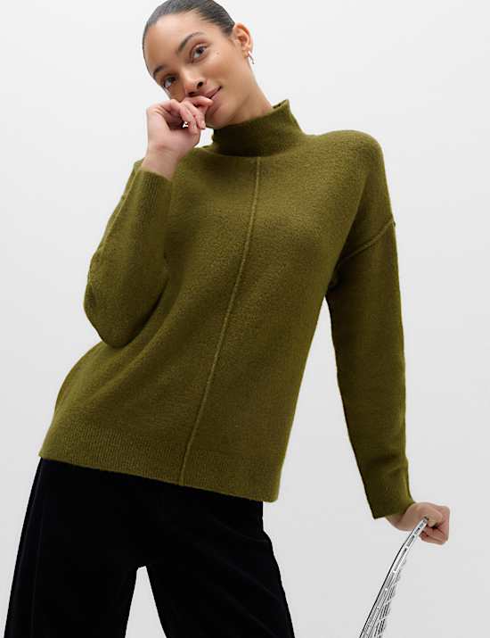Funnel Neck Seam Detail Relaxed Jumper With Wool
