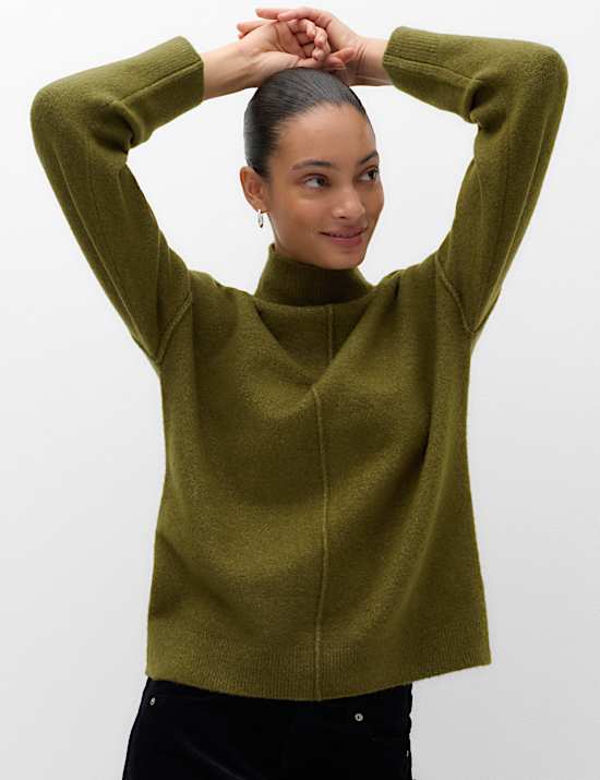 Funnel Neck Seam Detail Relaxed Jumper With Wool