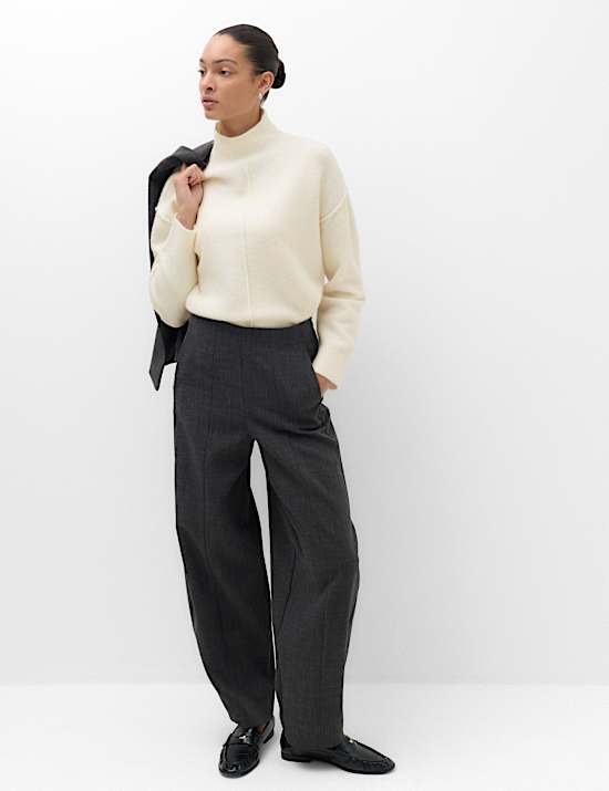 Funnel Neck Seam Detail Relaxed Jumper With Wool