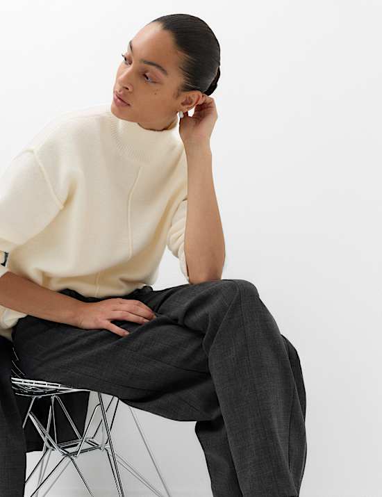 Funnel Neck Seam Detail Relaxed Jumper With Wool
