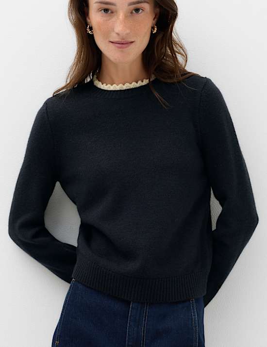 Lace Detail Crew Neck Jumper with Wool