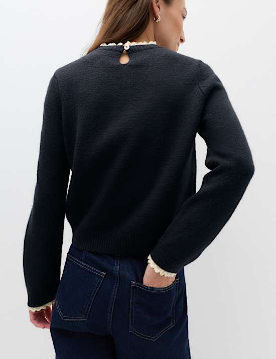 Lace Detail Crew Neck Jumper with Wool