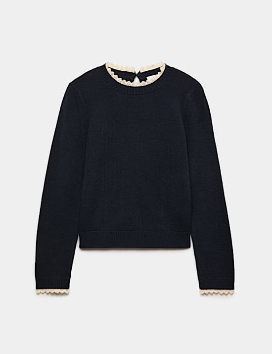 Lace Detail Crew Neck Jumper with Wool