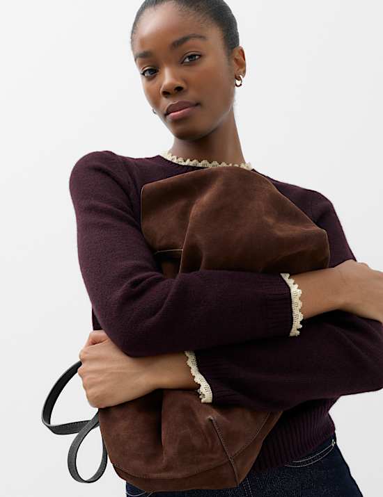 Lace Detail Crew Neck Jumper with Wool