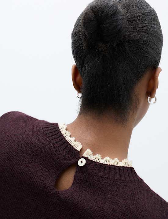 Lace Detail Crew Neck Jumper with Wool