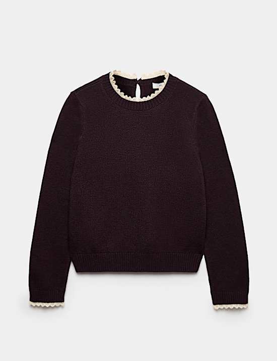 Lace Detail Crew Neck Jumper with Wool