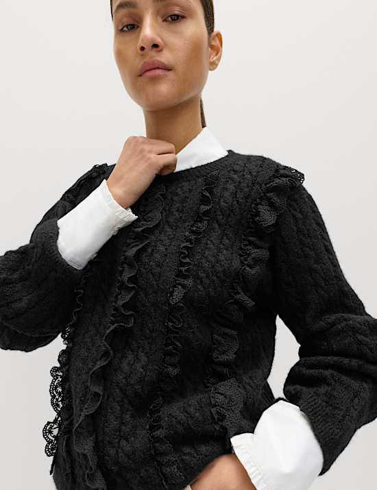 Textured Ruffle Crew Neck Jumper with Wool