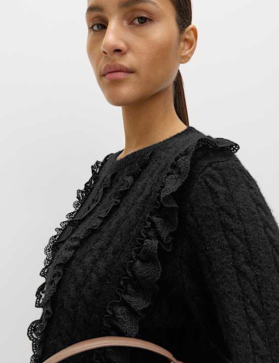 Textured Ruffle Crew Neck Jumper with Wool