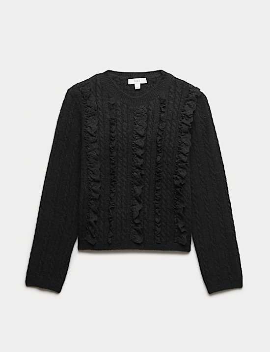Textured Ruffle Crew Neck Jumper with Wool