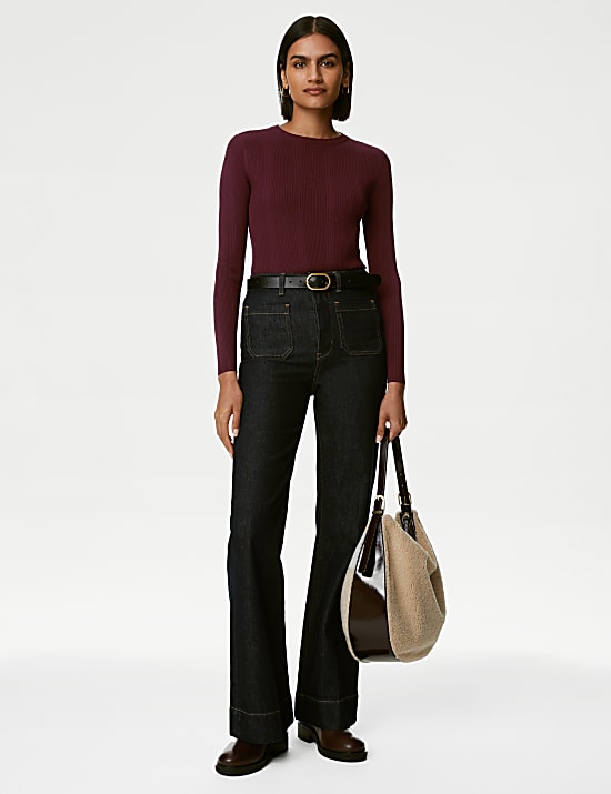 Ribbed Crew Neck Fitted Knitted Top