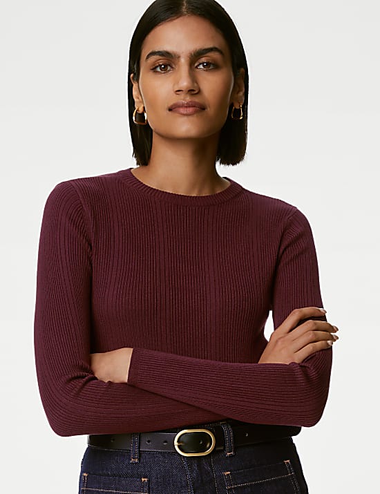Ribbed Crew Neck Fitted Knitted Top
