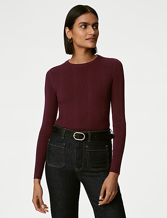 Ribbed Crew Neck Fitted Knitted Top