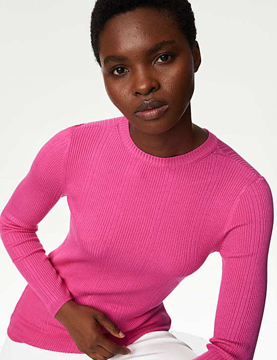 Ribbed Crew Neck Fitted Knitted Top