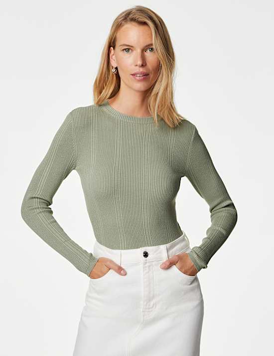 Ribbed Crew Neck Fitted Knitted Top