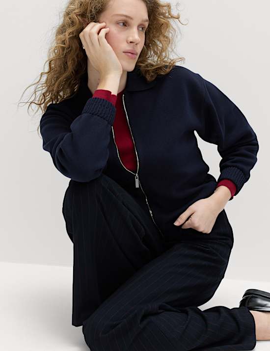 Zip Up Knitted Collared Bomber Cardigan