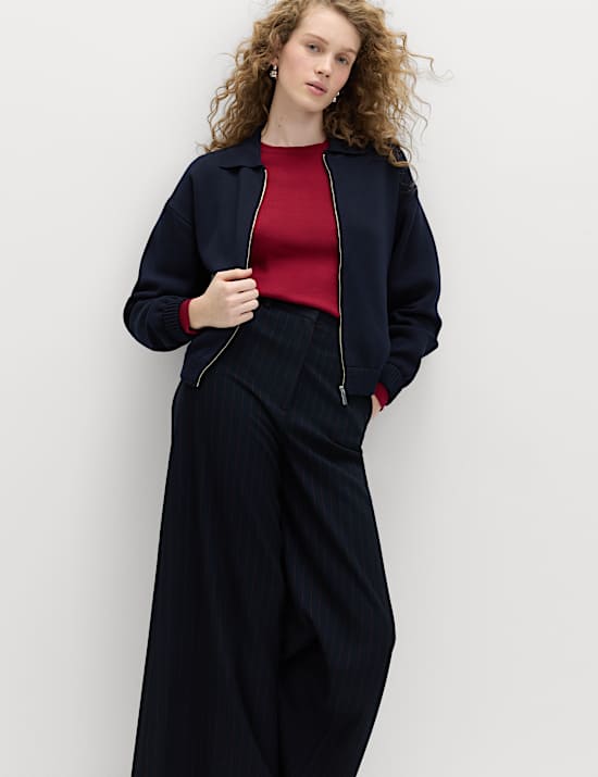 Zip Up Knitted Collared Bomber Cardigan