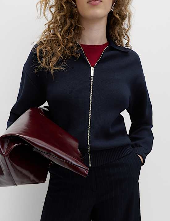 Zip Up Knitted Collared Bomber Cardigan