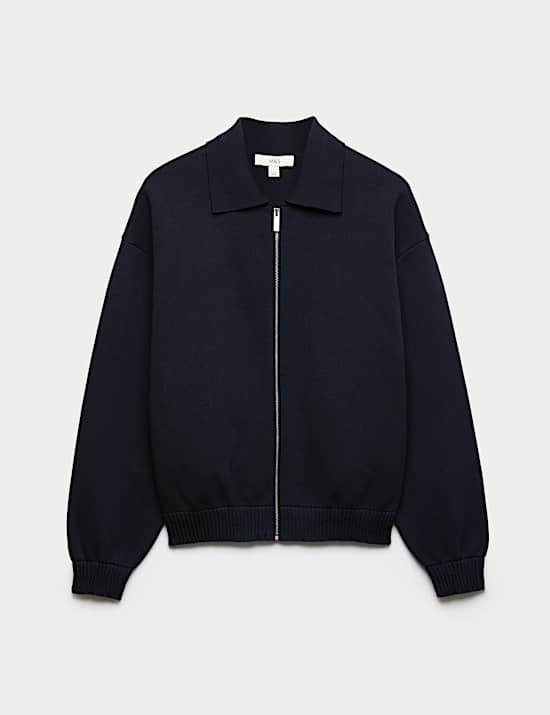 Zip Up Knitted Collared Bomber Cardigan