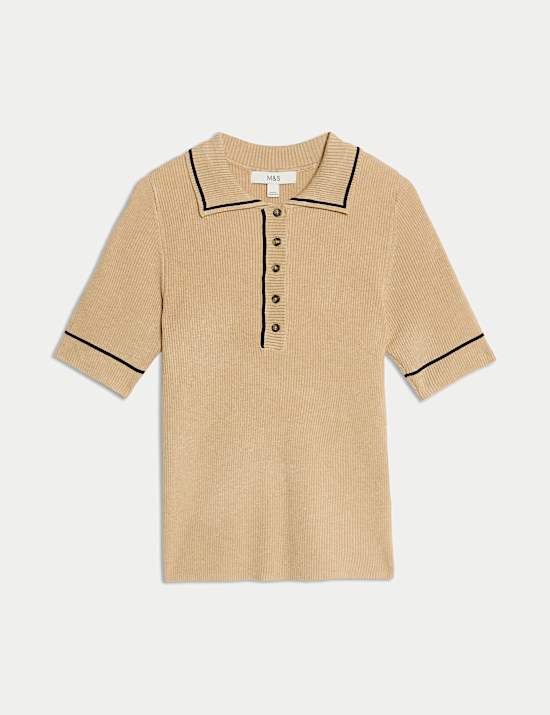 Ribbed Collared Tipped Detail Knitted Top