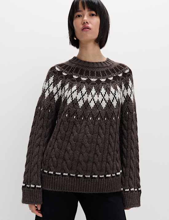 Cable Knit Fair Isle Crew Neck Jumper