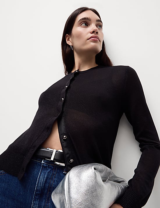 Metalický kardigan s výstřihem ke krku