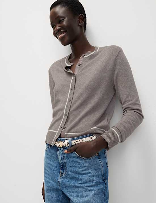 Crew Neck Tipped Detail Button Front Cardigan