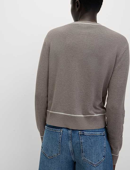 Crew Neck Tipped Detail Button Front Cardigan