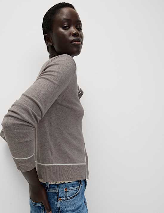 Crew Neck Tipped Detail Button Front Cardigan