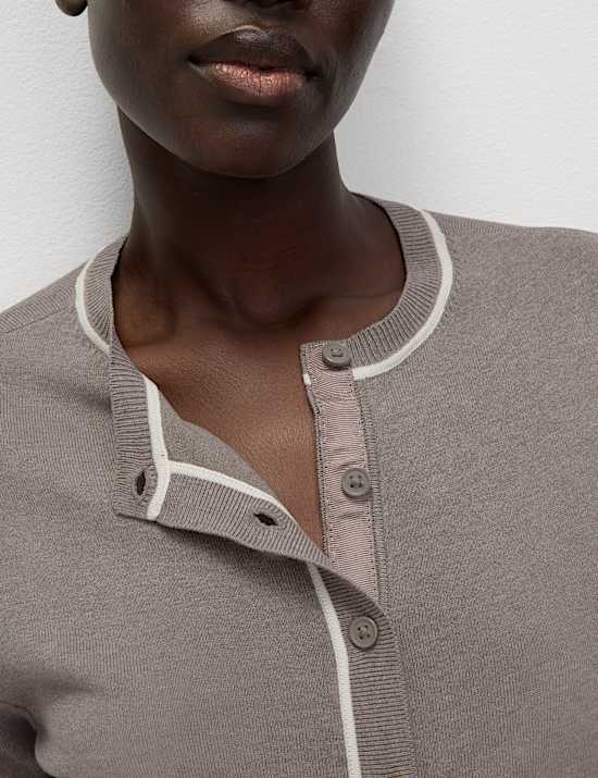 Crew Neck Tipped Detail Button Front Cardigan