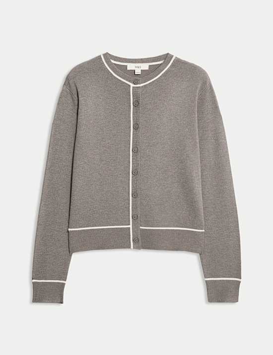 Crew Neck Tipped Detail Button Front Cardigan