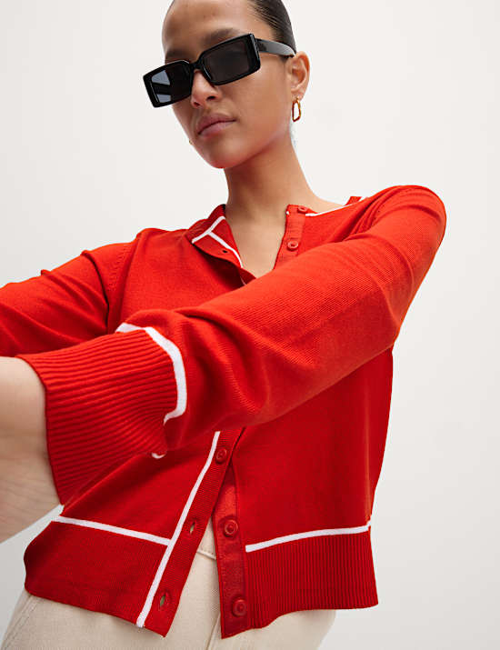 Crew Neck Tipped Detail Button Front Cardigan