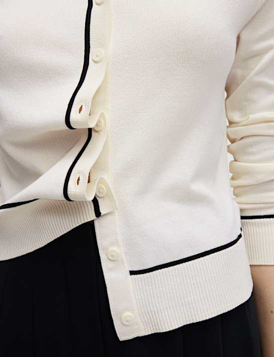 Kardigan Kancing Depan Kerah Bundar dengan Detail Ujung