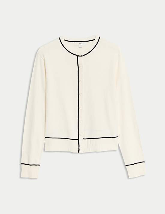 Kardigan Kancing Depan Kerah Bundar dengan Detail Ujung