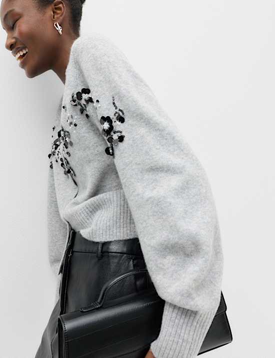 Embellished V-Neck Cardigan with Wool