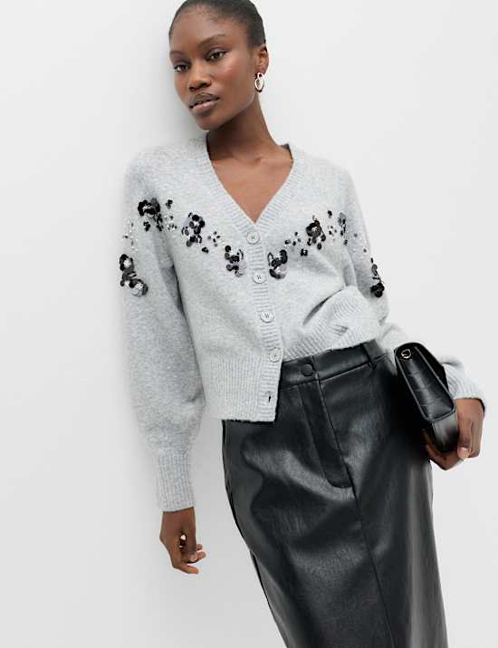 Embellished V-Neck Cardigan with Wool