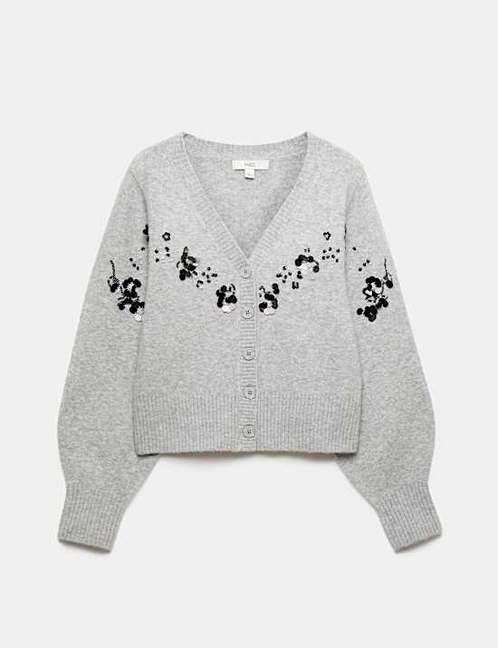 Embellished V-Neck Cardigan with Wool