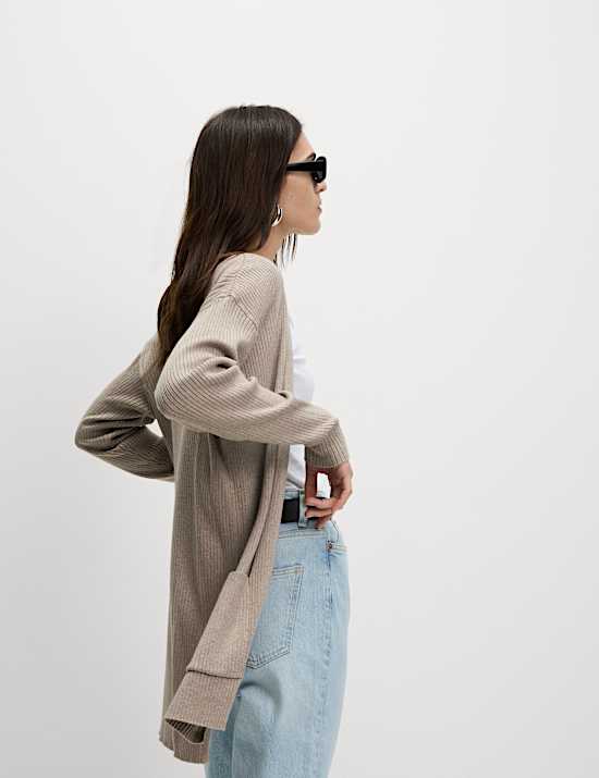 Dlouh&yacute; žebrovan&yacute; kardigan bez zap&iacute;n&aacute;n&iacute;