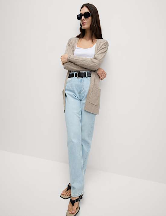 Dlouh&yacute; žebrovan&yacute; kardigan bez zap&iacute;n&aacute;n&iacute;