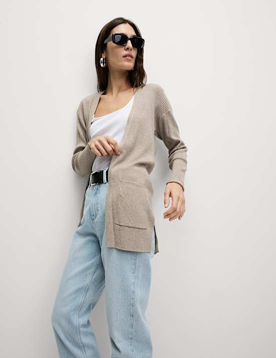 Dlouh&yacute; žebrovan&yacute; kardigan bez zap&iacute;n&aacute;n&iacute;