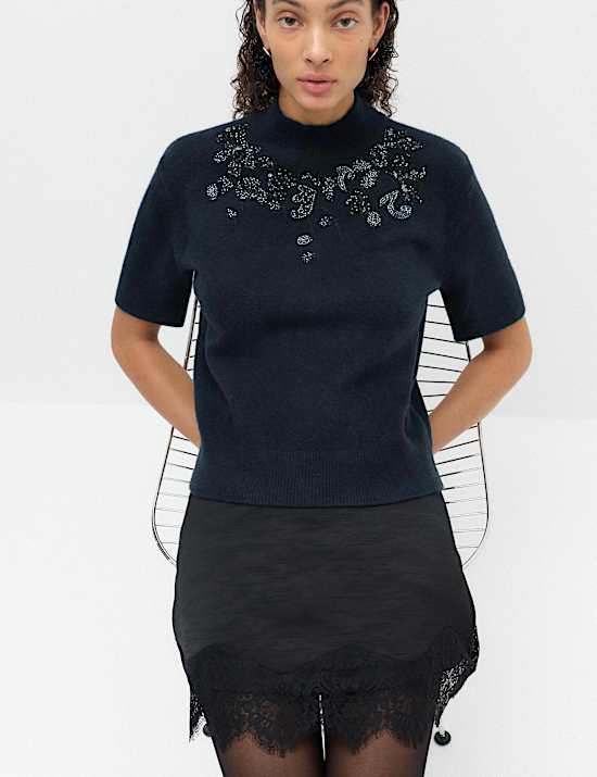 Embellished Funnel Neck Knitted Top