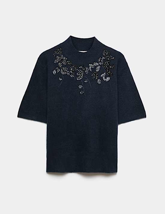Embellished Funnel Neck Knitted Top