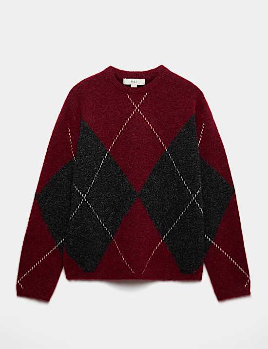 Argyle Crew Neck Oversized Jumper With Wool