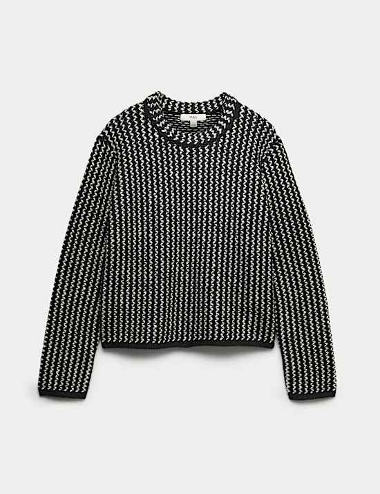 Textured Crew Neck Cropped Jumper With Wool