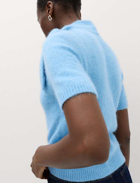 Wool Blend Scarf Neck Tie Knitted Short Sleeve Top