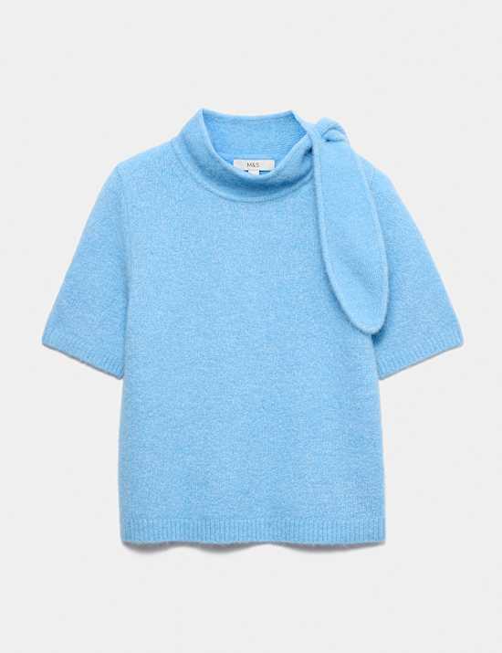 Wool Blend Scarf Neck Tie Knitted Short Sleeve Top