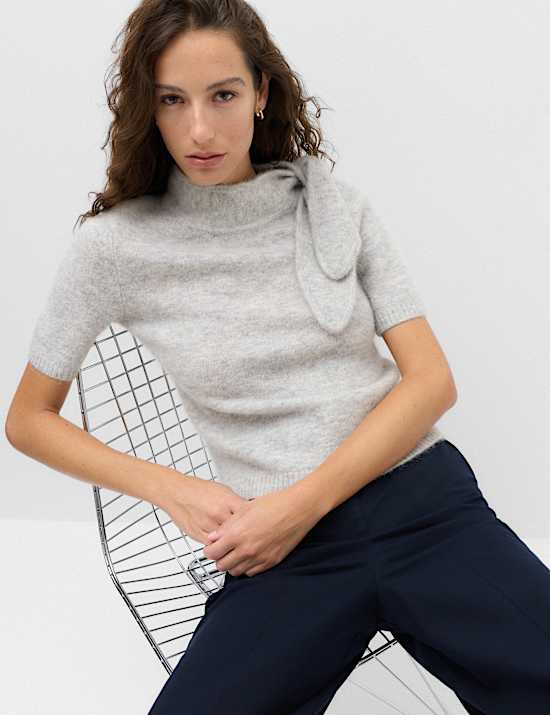 Wool Blend Scarf Neck Tie Knitted Short Sleeve Top