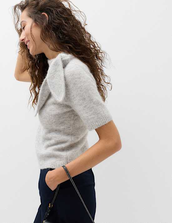 Wool Blend Scarf Neck Tie Knitted Short Sleeve Top