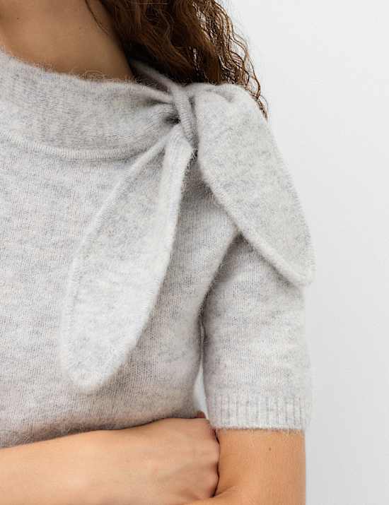 Wool Blend Scarf Neck Tie Knitted Short Sleeve Top